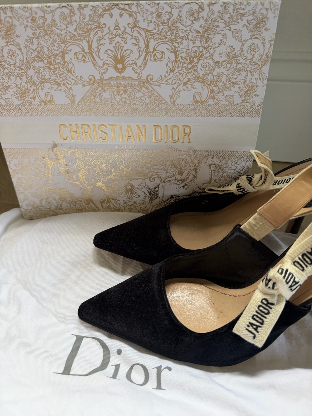 Dior Black Pointed-Toe J'Adior Ribbon Slingback Heels